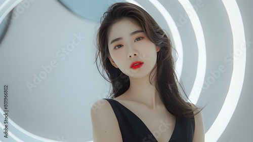 Captivating Chinese Beauty in Elegant Black Dress against Bright White Background