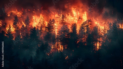 Raging Forest Wildfire Burning Uncontrollably with Towering Flames Amid Thick Smoke and