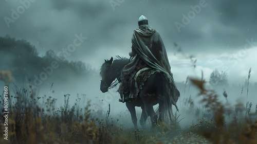 Majestic Medieval Knight on Horseback Riding Through Legendary Landscape