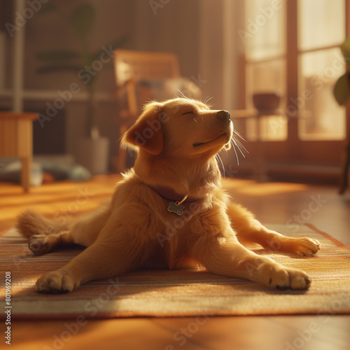 Close-up of a dog trying to mimic yoga poses done by its owner indoors