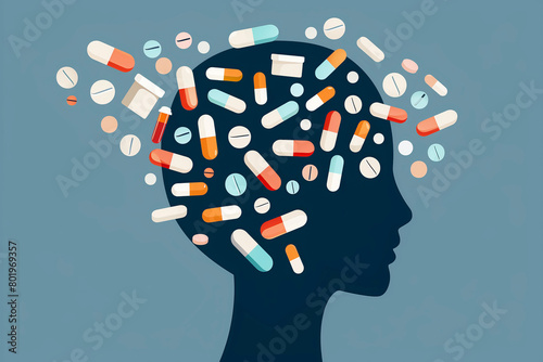 Human face profile silhouette filled with pills, mental and physical health