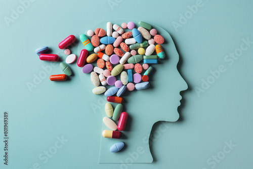 Human face profile silhouette filled with pills, mental and physical health