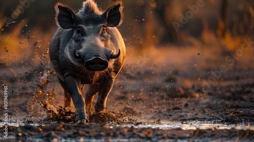 A robust warthog trotting along a muddy waterhole, 4k wallpaper
