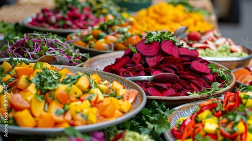 A pile of colorful fruit and vegetable platters artfully arranged by a catering company featuring beet chips and mango salsa.