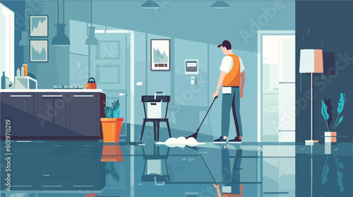 Male janitor mopping floor in flat Vector illustration