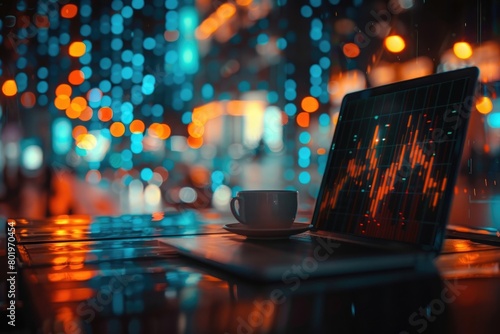 Close up of laptop on desktop with coffee cup and creative forex chart, candlestick graph, index and tech hologram on blurry background. Trade, stock, and finance concept. Double exposure