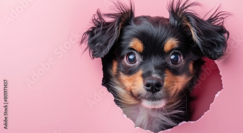 Cute puppy peeking out of hole in pink wall