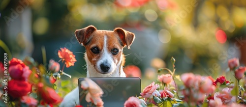 Dog sitting in field of flowers using laptop