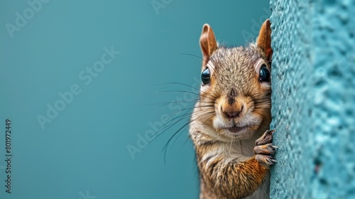 Cute squirrel peeking behind wall