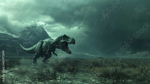 A Tyrannosaurus Rex or T-Rex walking through a rocky landscape in the rain