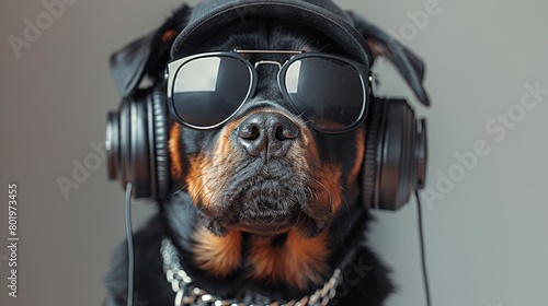 Dog rottweiler wearing headphones and sunglasses