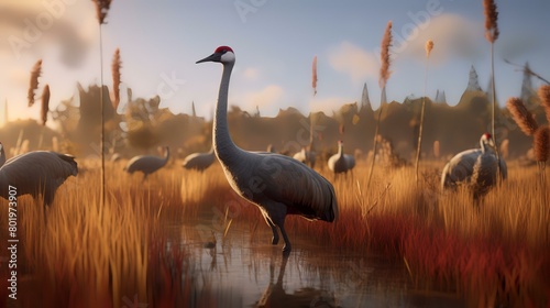 3D rendering of sandhill cranes in a lake at sunset