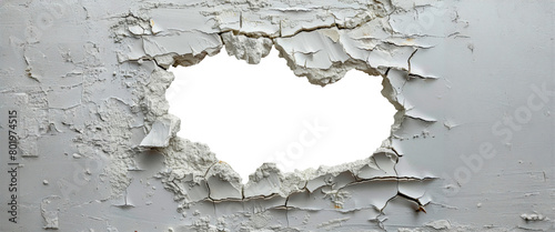 Damaged white wall with large cracks, cut out - stock png.