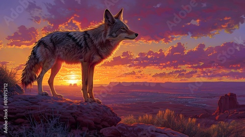 A wily coyote standing on a rocky outcrop, with the backdrop of a vibrant sunset over the desert landscape. 