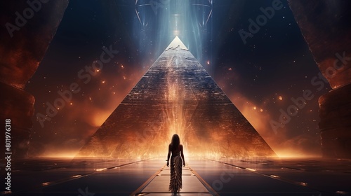 View from the front, egyptian woman queen standing inside the Pyramid. Fantasy background.
