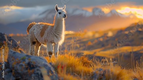8K wallpaper of a llama standing on an Andean plateau at sunrise. Focus on the llama’s fur and eyes, with a blurred background of mountains and mist, captured in the warm morning light