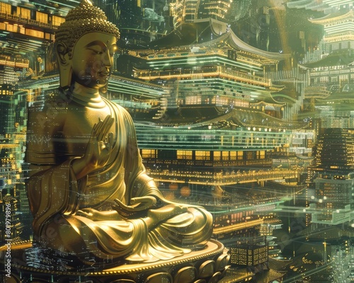 Zen Buddha statues line the streets of a cyberpunk city their calm an antidote to the surrounding digital matrix frenzy