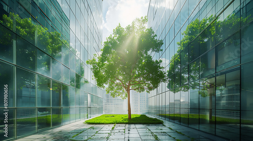 Eco-friendly building in the modern city. Sustainable glass office building with tree for reducing carbon dioxide. Office building with green environment. Corporate building reduce CO 