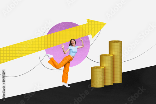 3D photo collage composite trend artwork sketch of young lady stand on one leg huge arrow show direction pile coins rich money