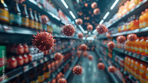A Cluster of Red Virus Particles in Supermarket Aisle