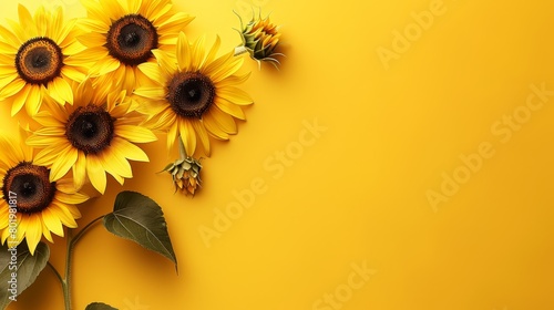  Sunflowers cluster on a yellow backdrop, their verdant leaves fringing the sides A bee positions near the right edge