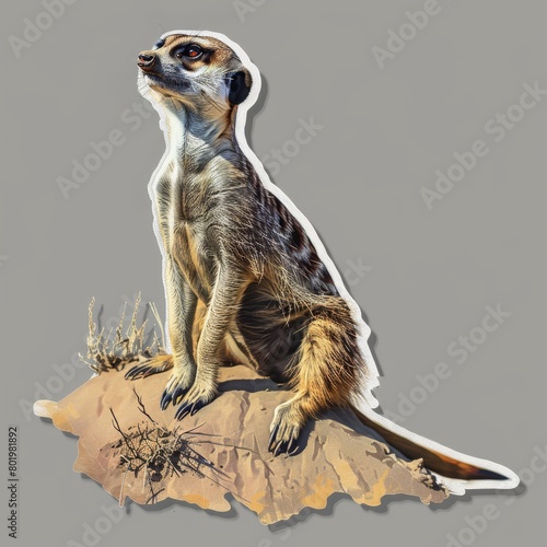  A meerkat sticker atop a rock, holding a bug in its mouth