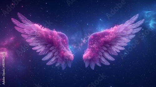  A pair of pink angel wings hover above an expanse of stars, featuring a cluster of pink and blue celestial bodies