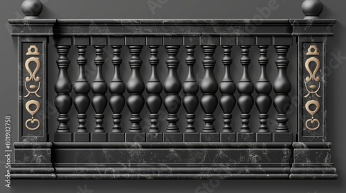 Black balustrade border with pillar and floor modern element for a greek terrace. Isolated realistic decorative baluster for a greek terrace on a transparent background.