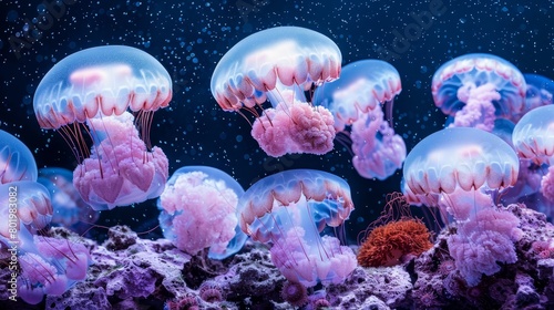  A group of jellyfish swims in a tank, surrounded by corals and algae at the bottom