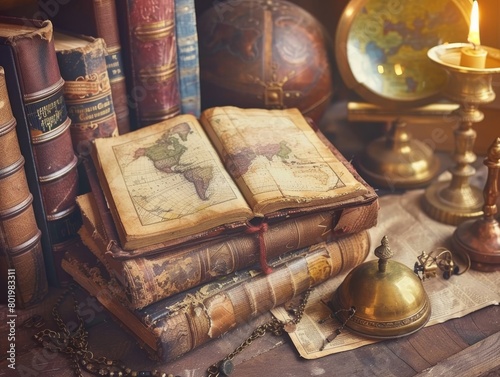 Retro study with ancient maps a Bible and artifacts from Old Testament times mysterious journey