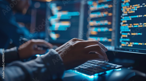 Network engineer patching vulnerabilities in the software with a close-up on their hands typing commands and the code on the screen illustrating maintenance and response to threats 