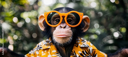 Chimpanzee in stylish hawaiian shirt and trendy orange sunglasses, a fashionable primate
