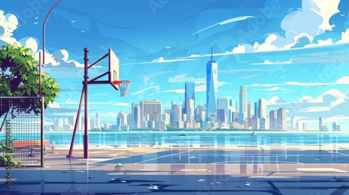 Street basketball court with cityscape skyline. Cartoon modern background of empty school team arena stadium coast, with skyscrapers in the background.