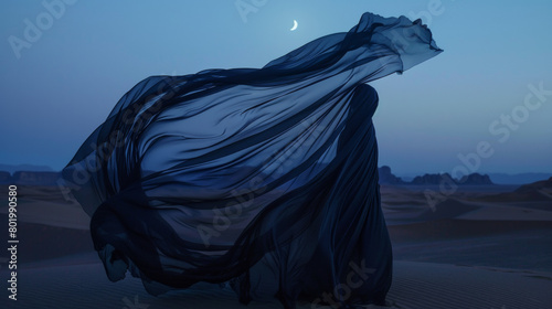 A woman is wearing a long blue dress and is standing in a desert