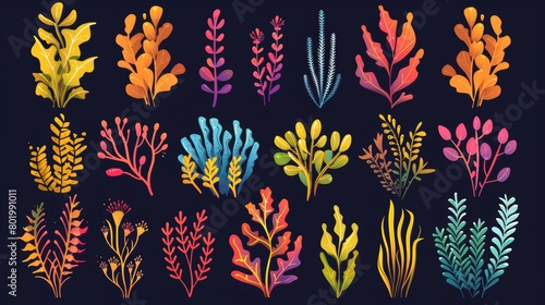 A seaweed cartoon modern set of underwater ocean and aquarium plants with colorful leaves. Illustrations of marine algae and corals that grow in the ocean.