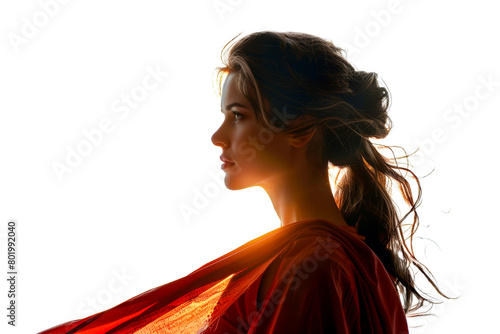 Woman in contemplative profile with glowing hair, cut out - stock png.