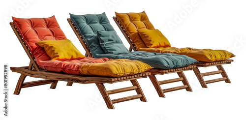 Wooden deck chairs with colorful cushions, cut out - stock png.