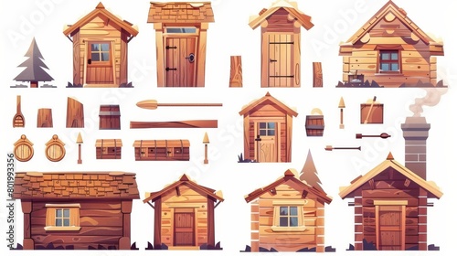Detailed illustration of a wooden cabin with doors, windows, and chimney. A forest shack or mountain chalet for rural vacations.