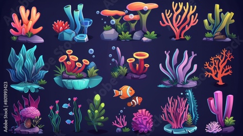 Cartoon underwater world animals and plants. Seaweed, coral, fish, stones, and broken clay pots are part of the set. Underwater plants and animals cartoon modern set.