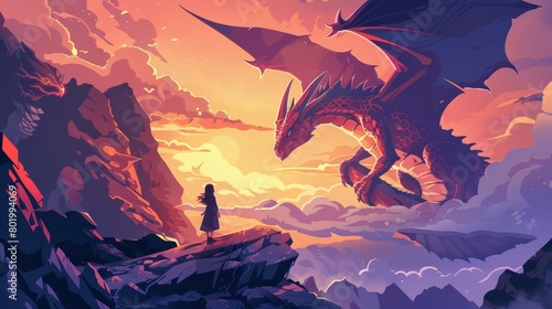 The girl caresses the fantasy dragon magic fire modern background scene. Landing on a rock boulder breathing a medieval creature with wings, accompanied by an attractive female game character.