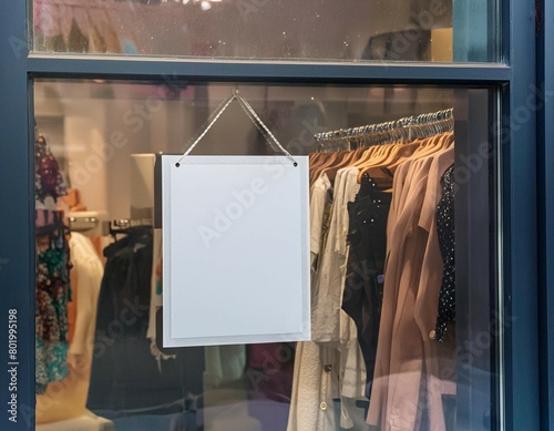 Commercial blank white signboard hanging vertically behind window glass of boutique or fashion store
