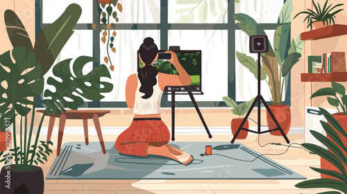 Female blogger on mat recording sports video at home