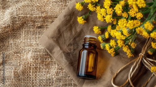 immortelle essential oil on burlap background