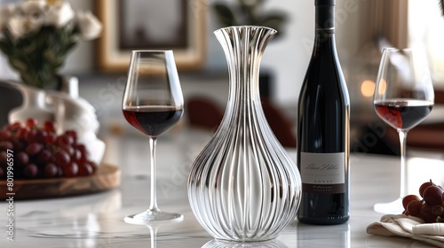 Elegant glass wine carafe with a modern design, featuring fluted curves and a tall neck, set on an elegant white table surface beside two glasses of red wine. Generative AI.
