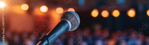 Microphone with a blurry background of a stage with people. Banner
