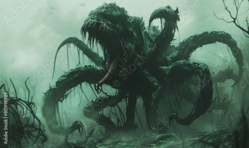 Malevolent swamp monster emerging from fog, tendrils outstretched in a threatening pose