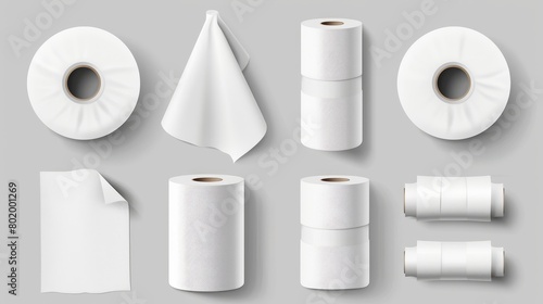 Isolated 3D toilet paper rolls on gray background. Modern realistic illustration of kitchen towel, blank cash register scroll mockup, hygiene tissue wipes for bathroom and kitchen.