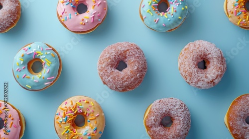 Assorted glazed donuts on a pastel blue background