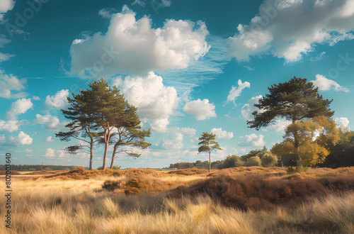 landscape with heather and trees in grassland under blue sky