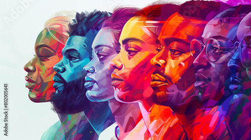 Vibrant Multi-Colored Portraits of Diverse Individuals. A striking digital artwork showcasing side profiles of five individuals in vibrant, multi-colored abstract style.